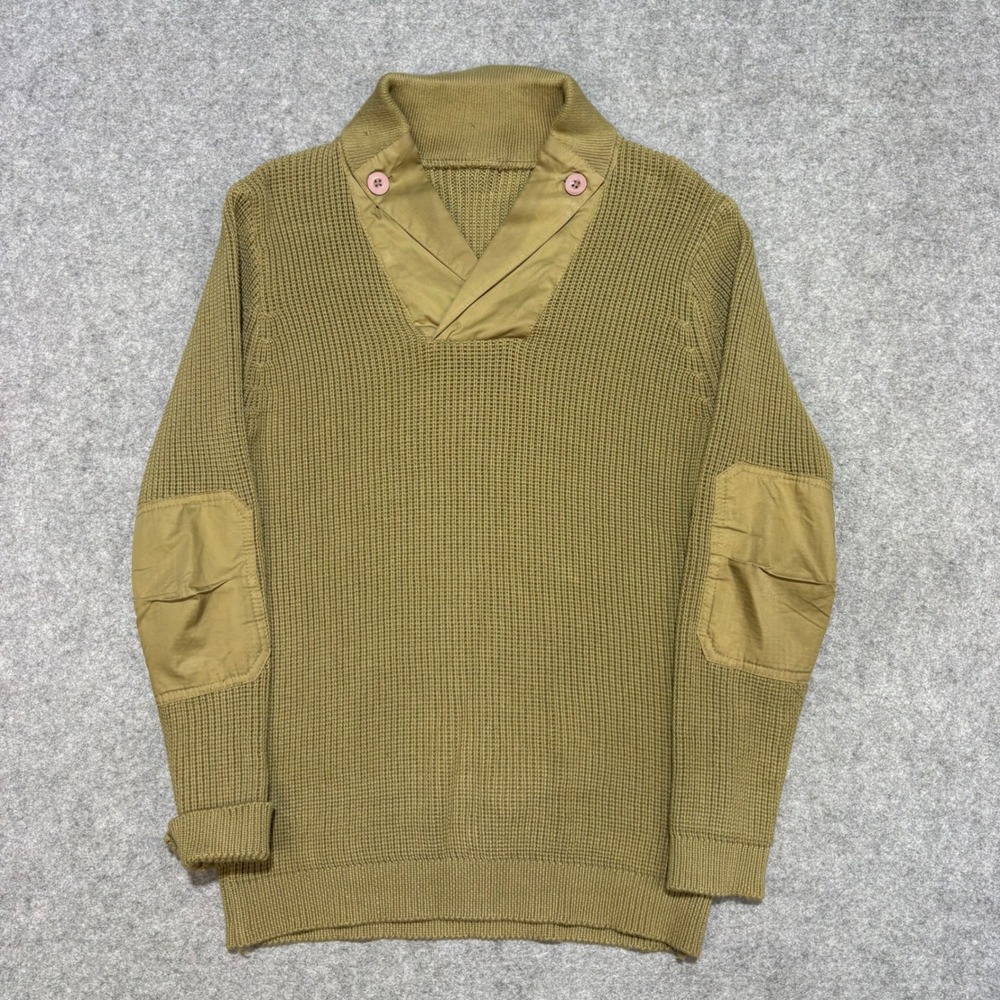 Vintage Military Ribbed Knit Shawl Collar Sweater Olive Green Elbow Patches